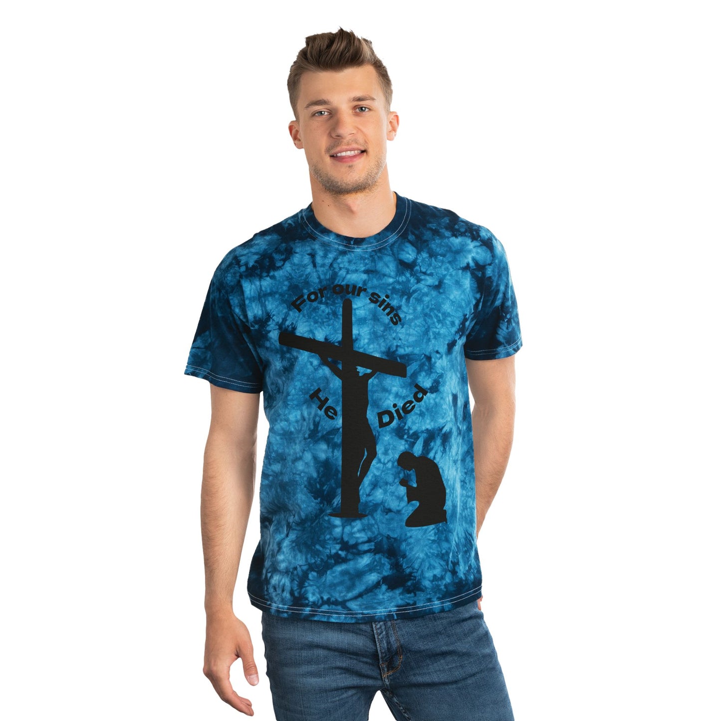 Christian Tie-Dye Tee - 'For Our Sins He Died' with Scripture