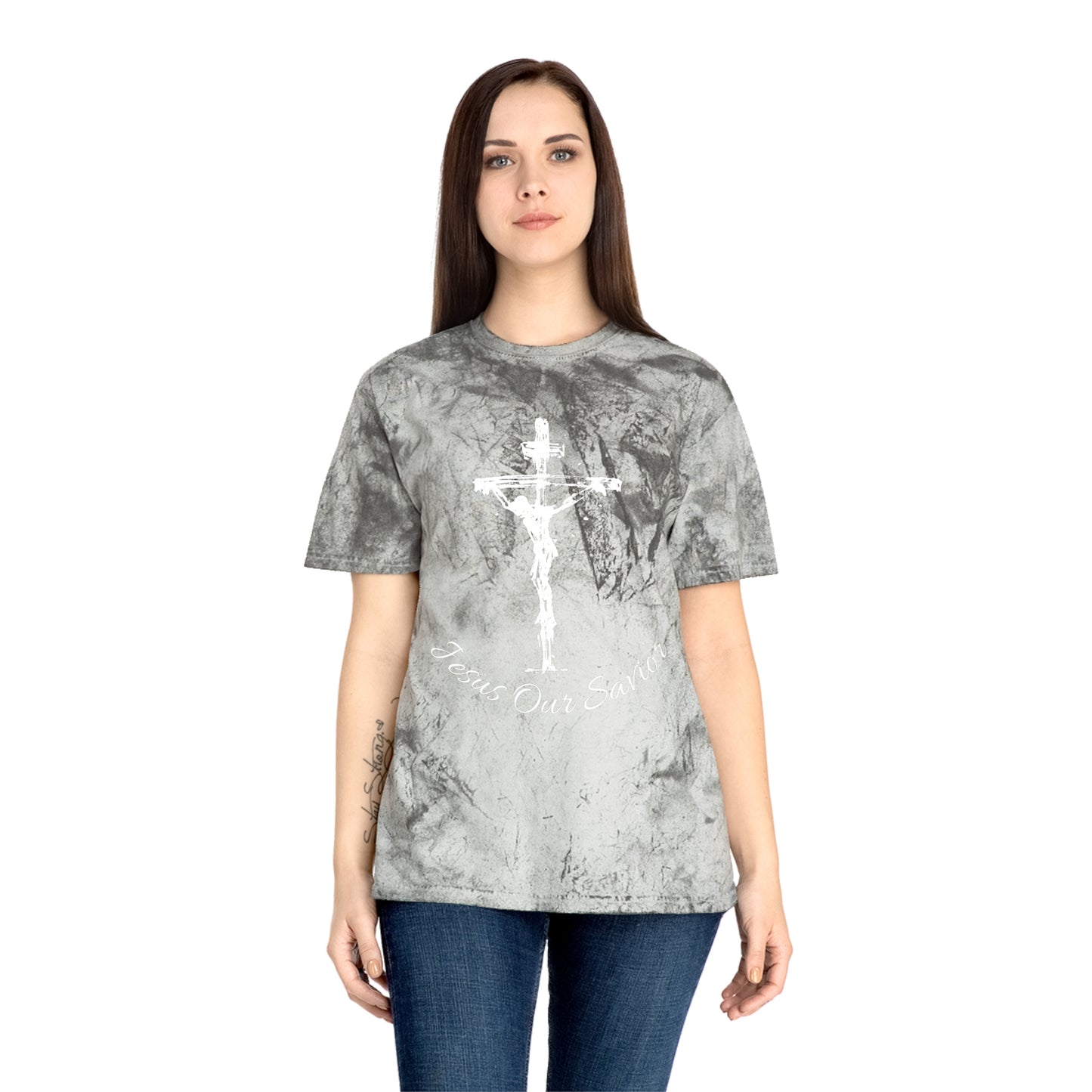 Jesus our savior Inspirational Faith T-Shirt - Color Blast Design with Bible Verse