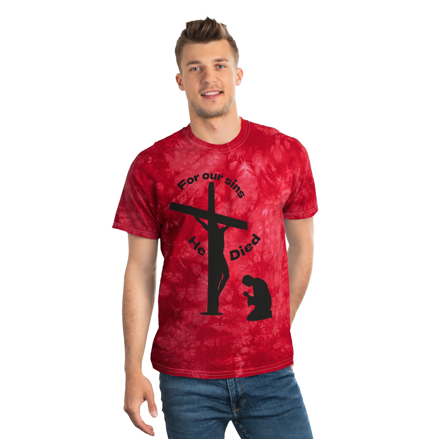 Christian Tie-Dye Tee - 'For Our Sins He Died' with Scripture