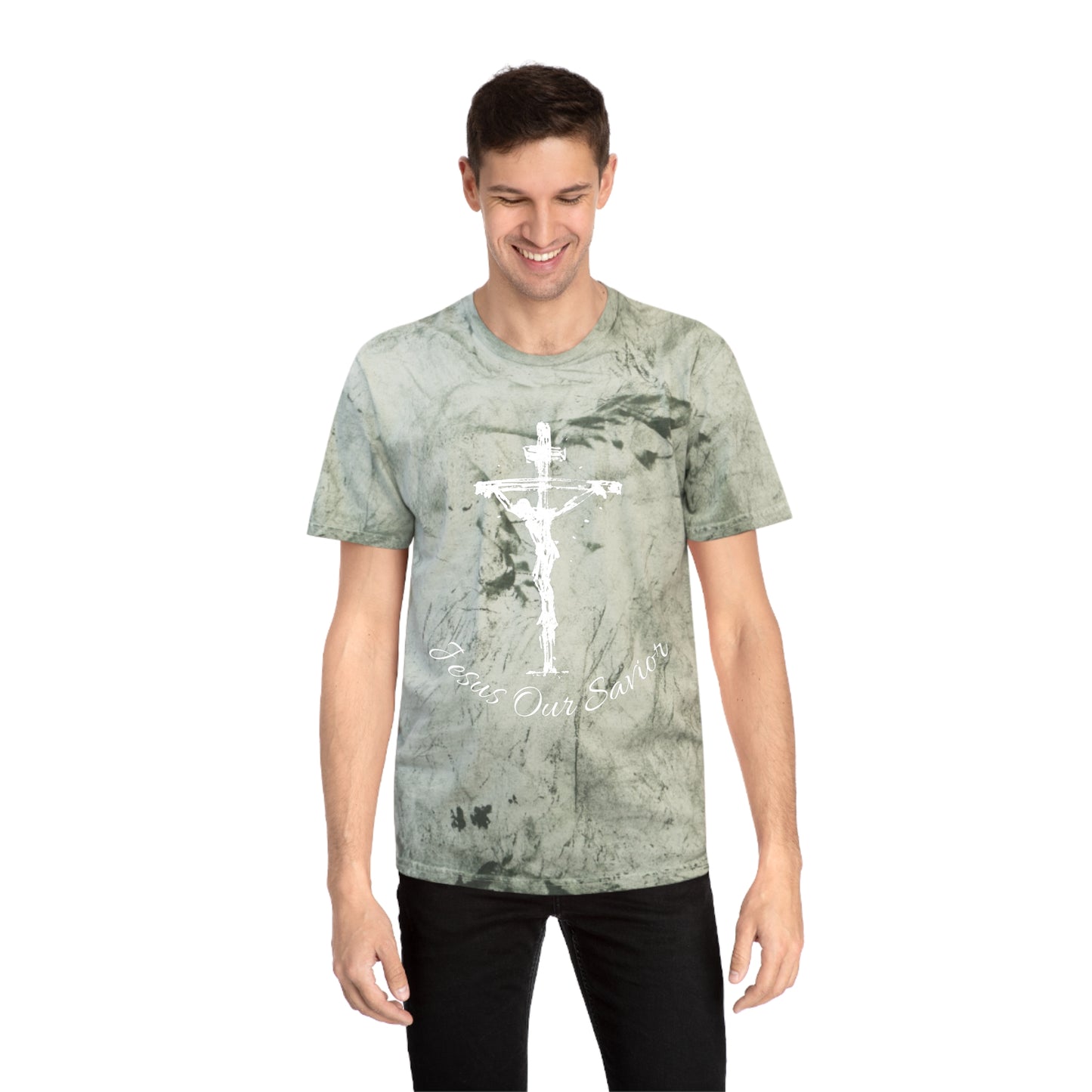 Jesus our savior Inspirational Faith T-Shirt - Color Blast Design with Bible Verse