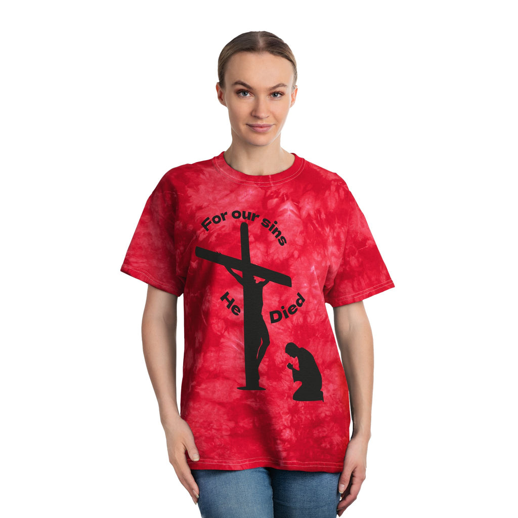 Christian Tie-Dye Tee - 'For Our Sins He Died' with Scripture