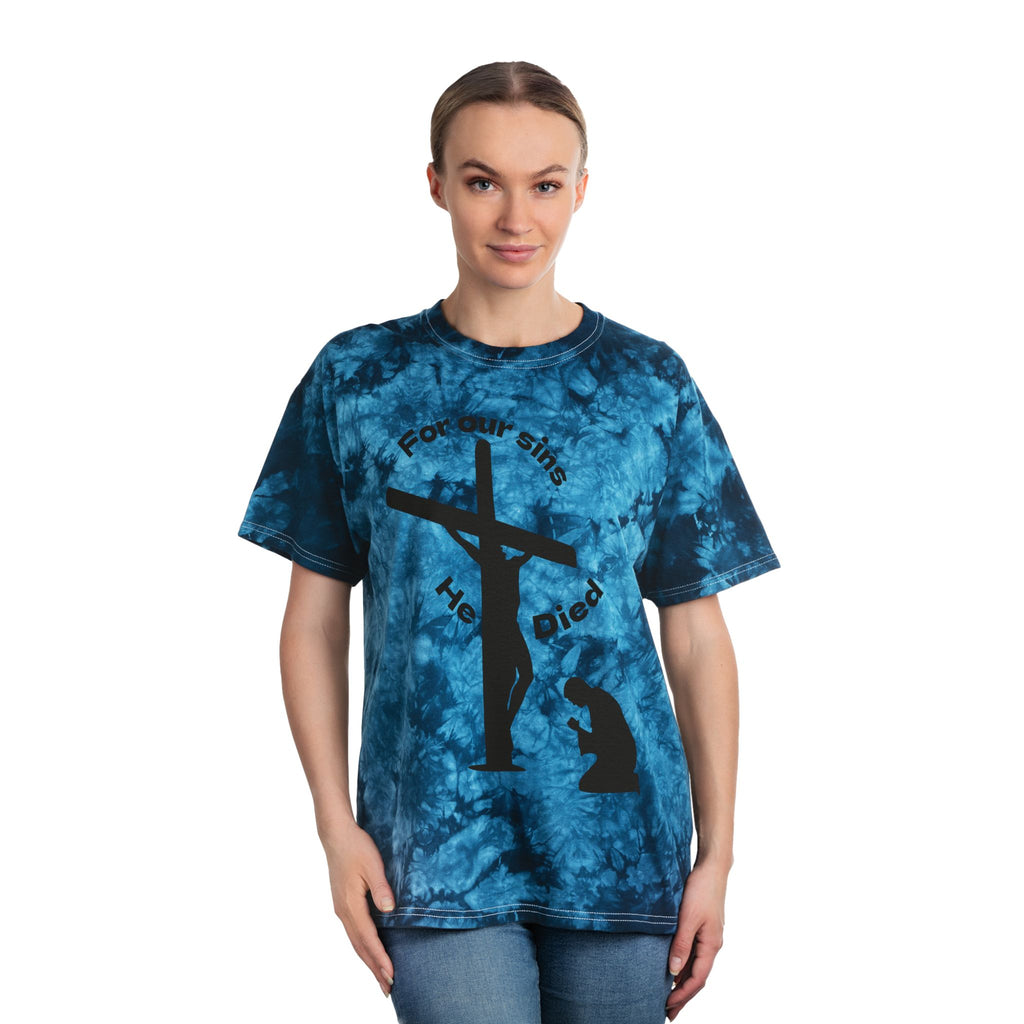 Christian Tie-Dye Tee - 'For Our Sins He Died' with Scripture