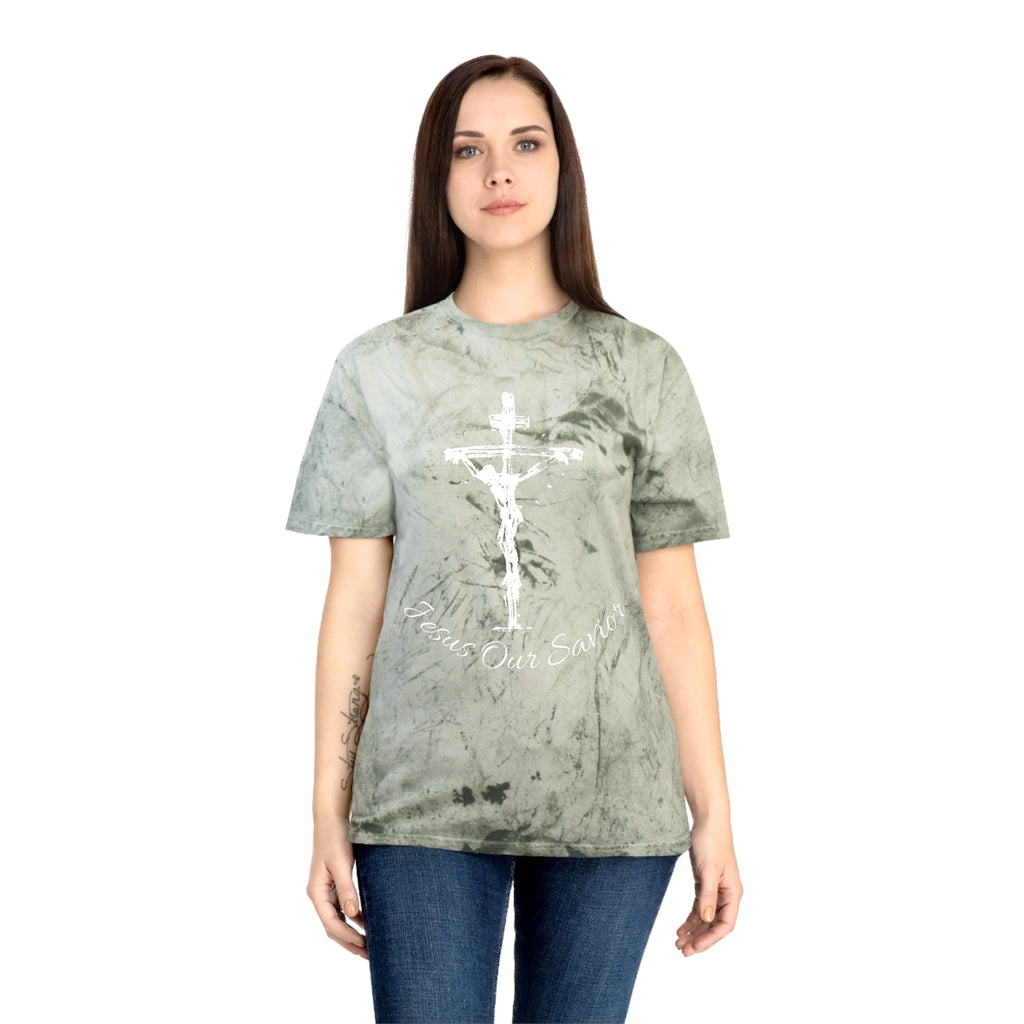 Jesus our savior Inspirational Faith T-Shirt - Color Blast Design with Bible Verse