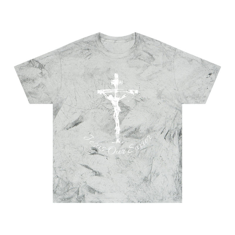 Jesus our savior Inspirational Faith T-Shirt - Color Blast Design with Bible Verse