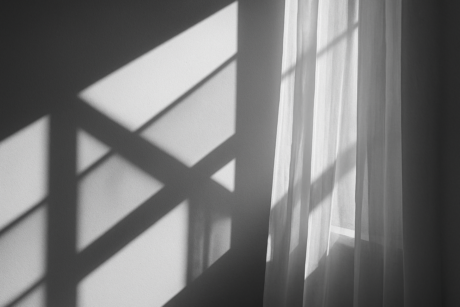 Minimalist photograph of sunlight creating dramatic patterns through sheer white fabric